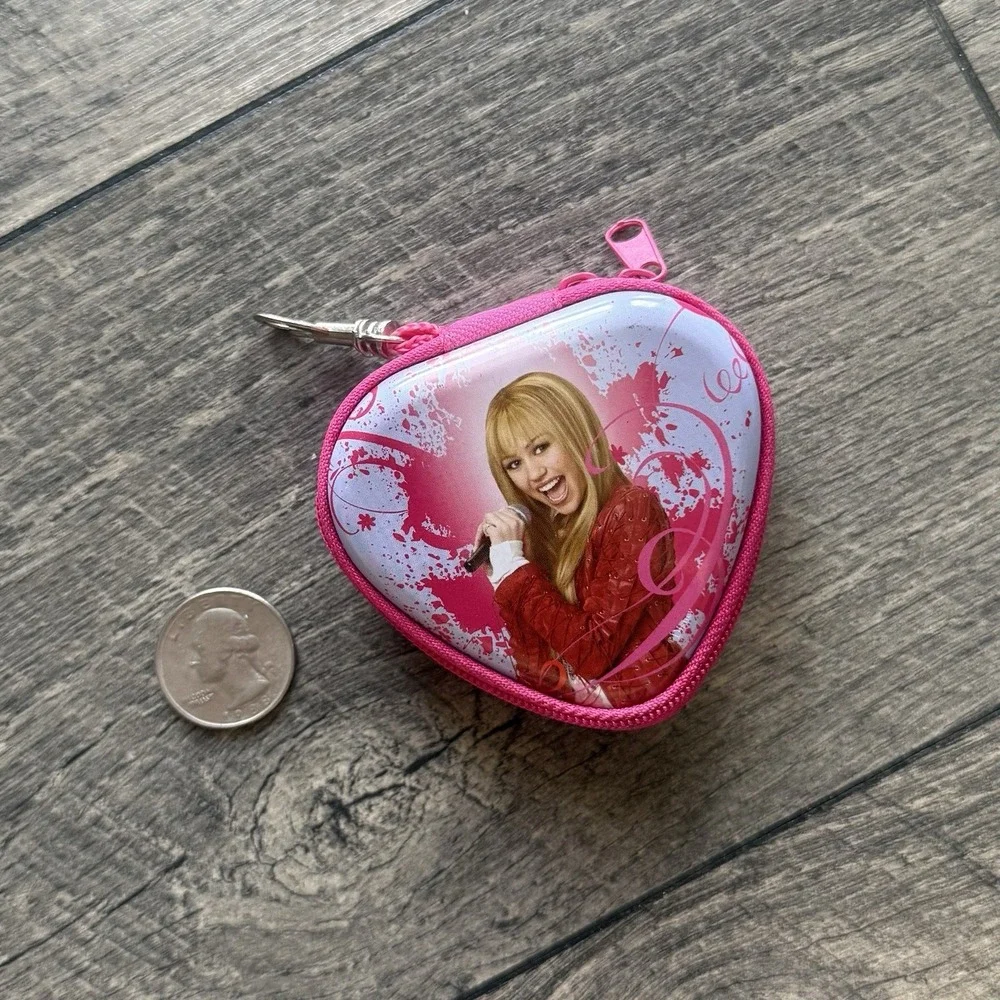 VTG Disney Hannah Montana Heart Shaped Coin Purse Keychain Pink Zip Wallet Pouch
